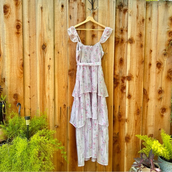 Lilac Pink Floral Ruffled Tiered Bustier Flutter-Sleeve Midi Dress 🌿 - Picture 9 of 11